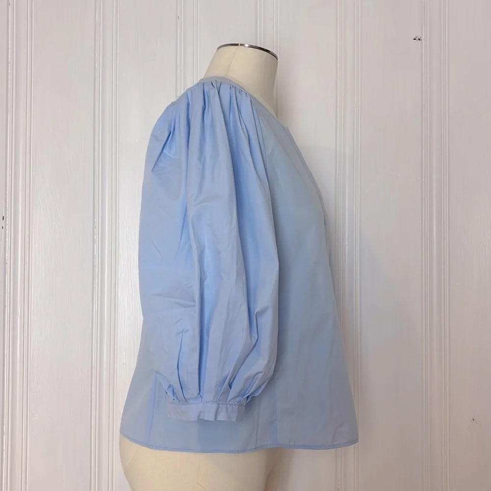 NWT ZARA Baby Blue Cotton Blouse with Dramatic Puff Sleeves - Picture 2 of 7